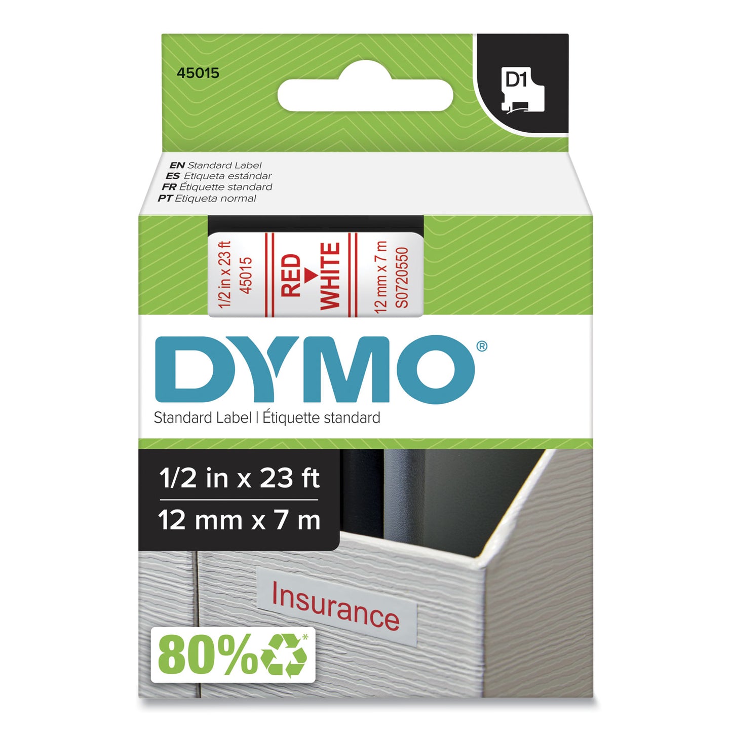 D1 High-Performance Polyester Removable Label Tape, 0.5" X 23 Ft, Red On White