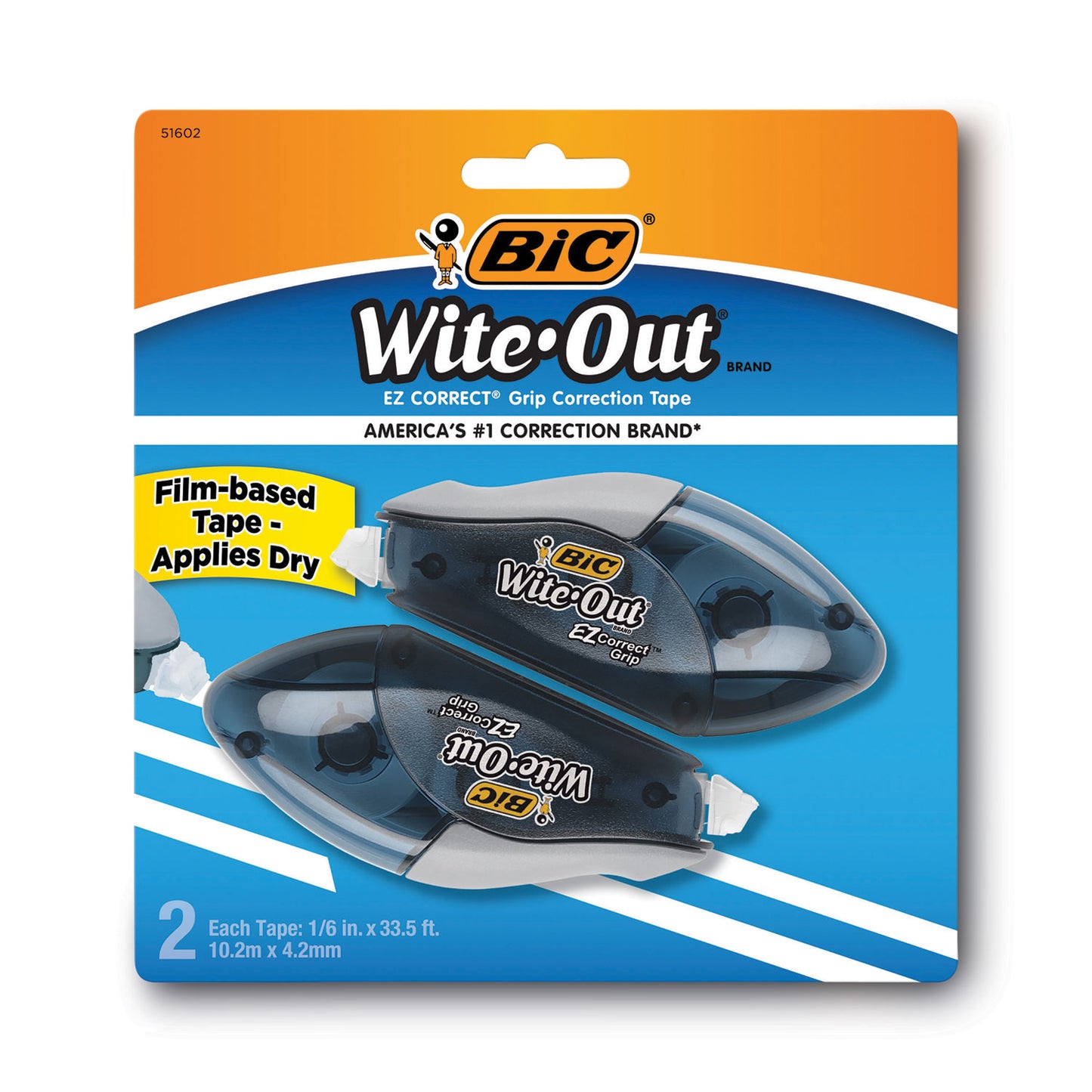 Wite-Out Brand EZ Correct Grip Correction Tape, Non-Refillable, 0.17" x 33.5 ft, Translucent Smoke Dispenser, 2/Pack