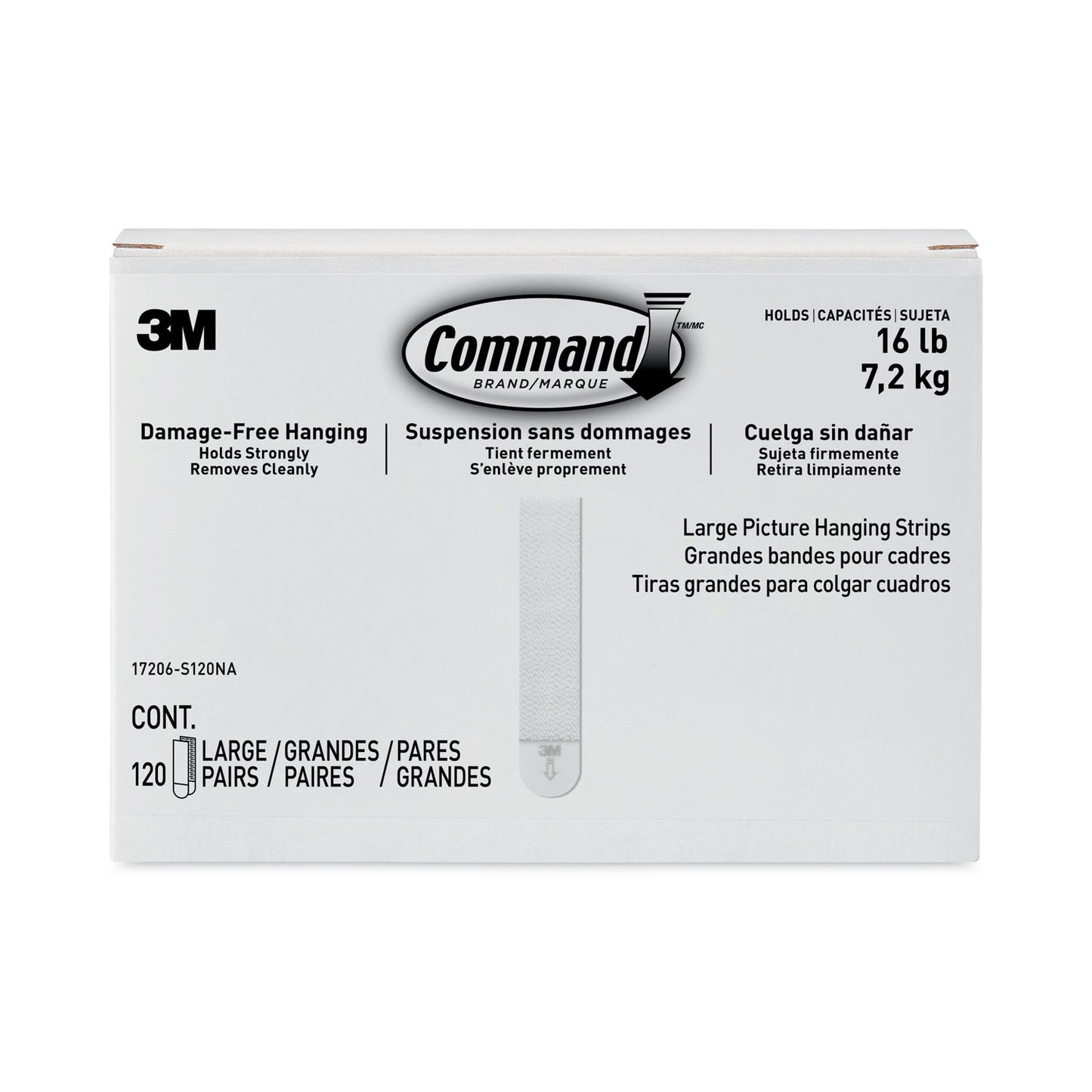 Damage-Free Hanging Picture Hanging Strip Pairs, Holds Up to 3.75 lb, Large: 0.75" x 3.65", White, 120/Pack