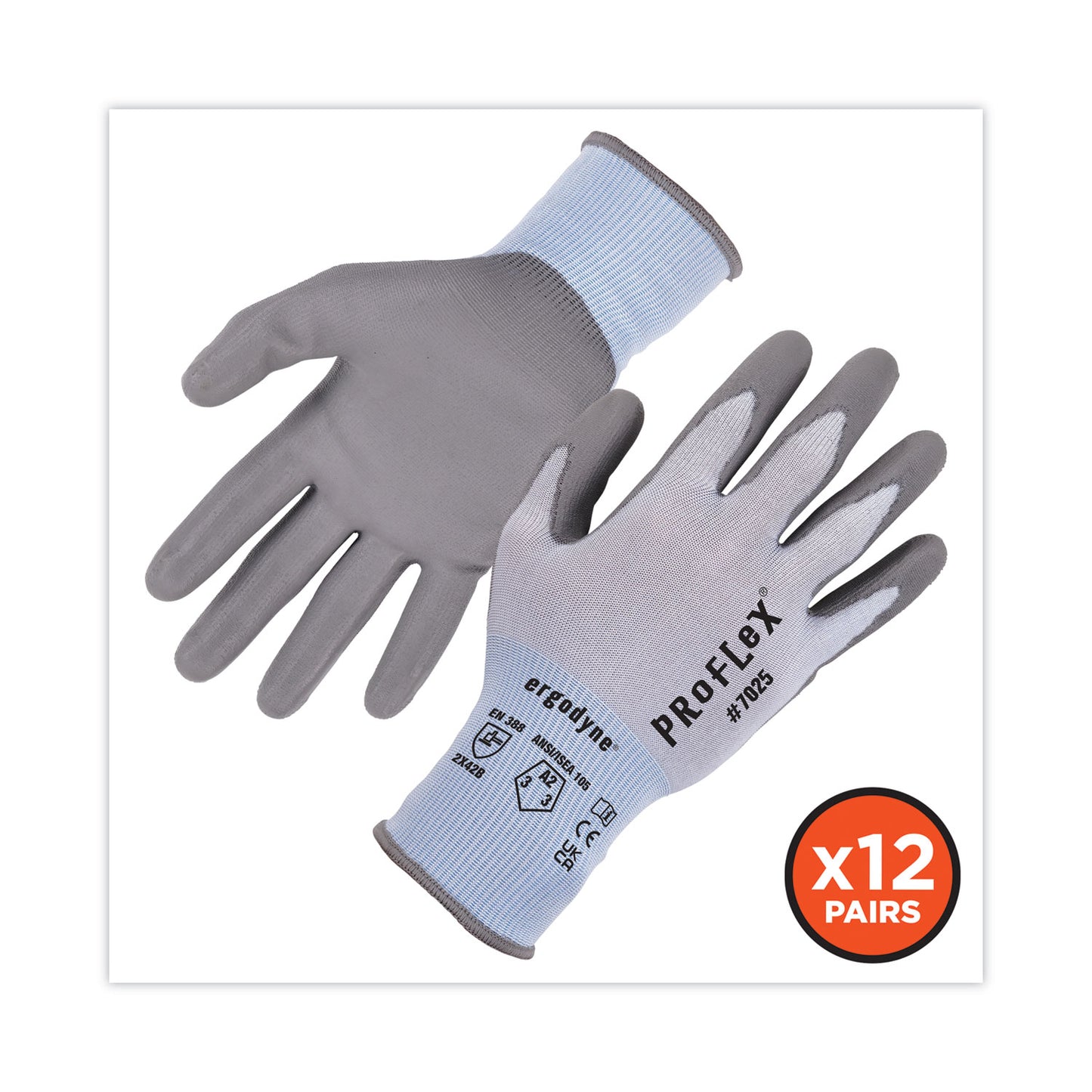 ProFlex 7025 ANSI A2 PU Coated CR Gloves, EN388: 2X42B, 9" Long, Small, Blue, 12 Pairs