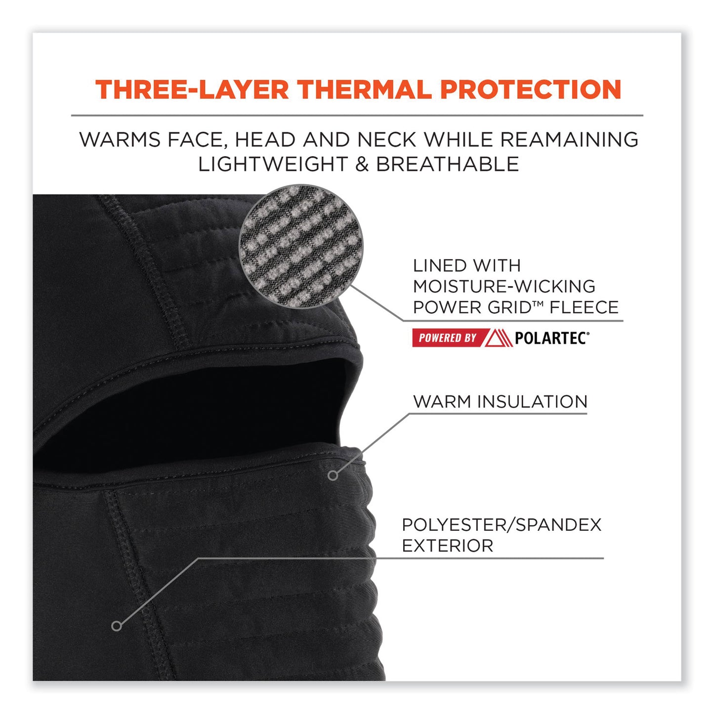 N-Ferno 6955 Insulated 3-Layer Balaclava Face Mask, Polartec FR Power Grid Fleece/Polyester/Spandex, One Size, Black