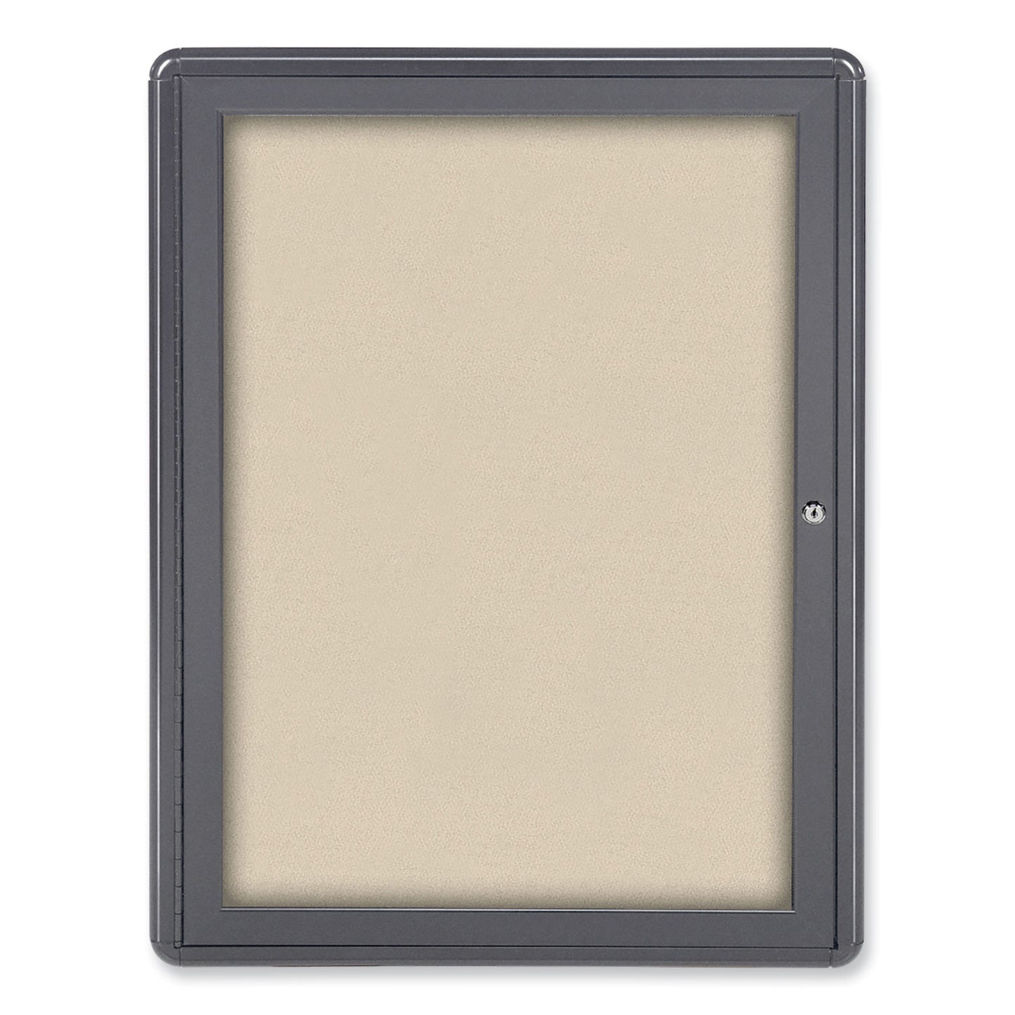 Ovation 1 Door Enclosed Fabric Bulletin Board, 24.13" x 33.75", Beige Surface, Powder-Coated Gray Aluminum Frame