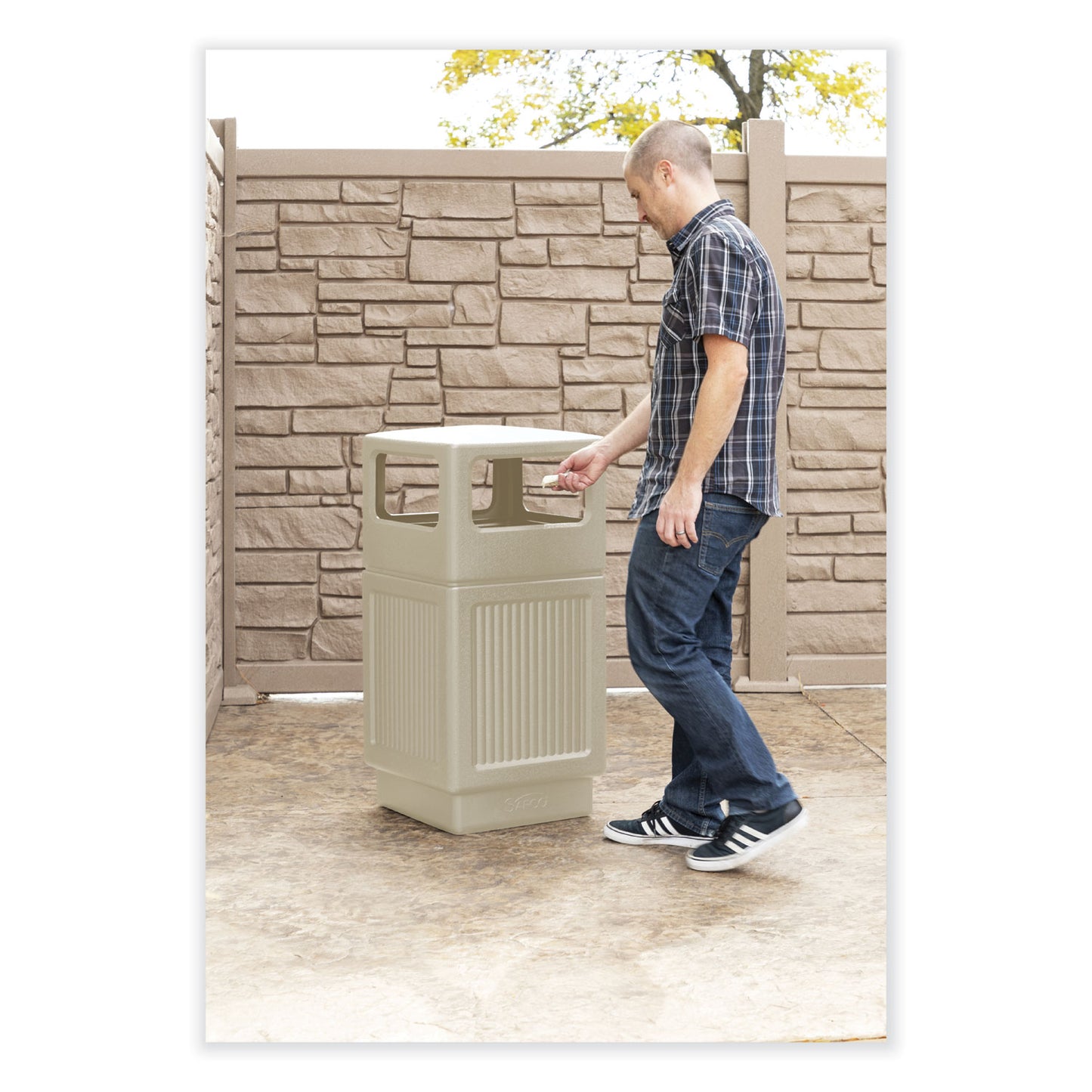 Canmeleon Recessed Panel Receptacles, Side-Open, 38 gal, Polyethylene, Tan