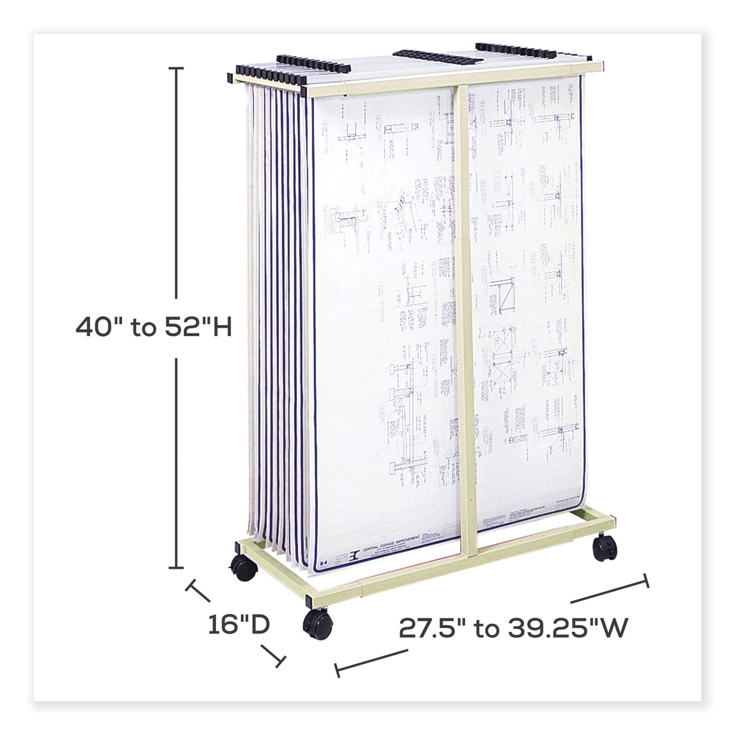 Mobile Vertical File, 12 Hanging Clamps, 39.25w x 16d x 52h, Tan