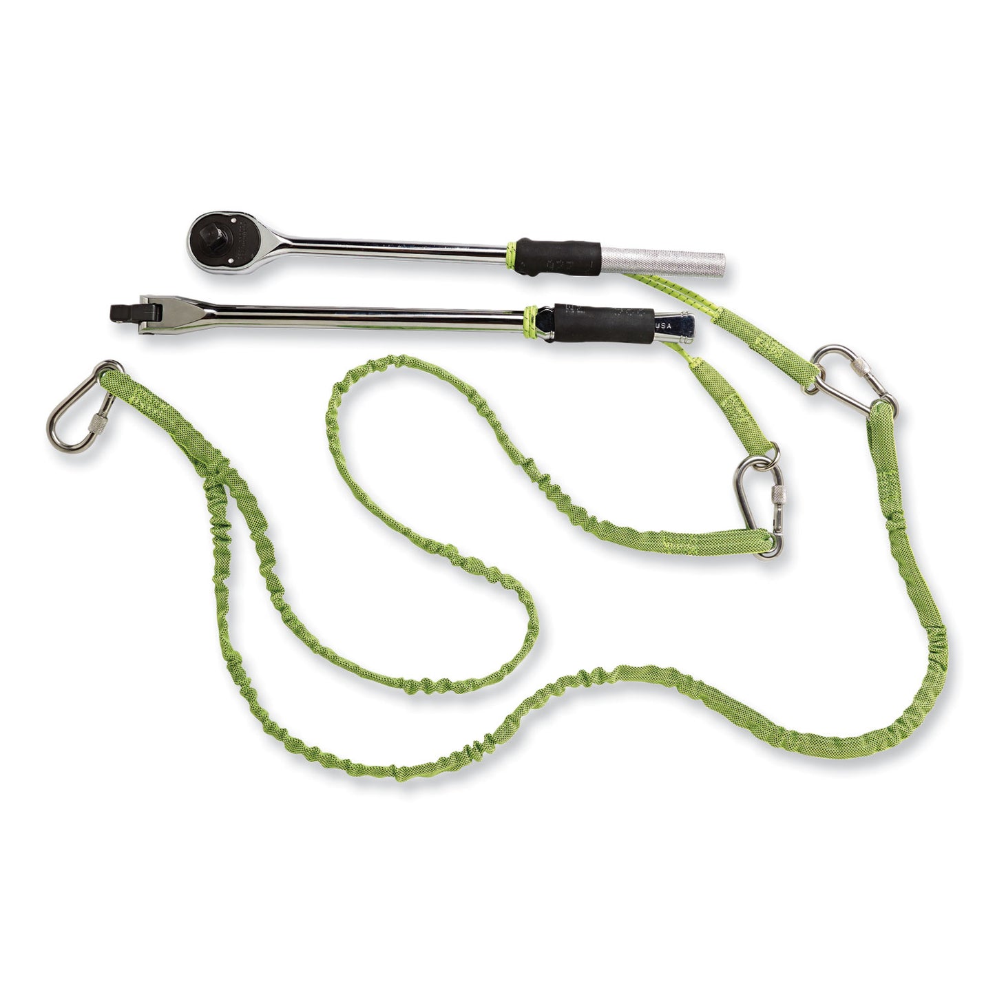 Squids 3311 Twin-Leg Tool Lanyard with Three Carabiners, 15lb Max Working Capacity, 35" to 42" Long, Lime