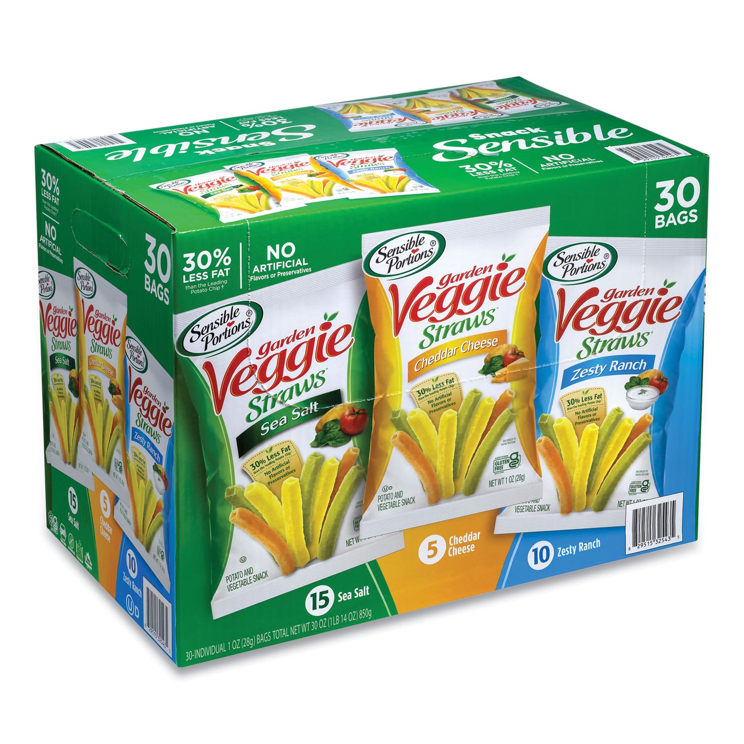 Veggie Straws, Cheddar Cheese/Sea Salt/Zesty Ranch, 1 oz Bag, 30 Bags/Carton