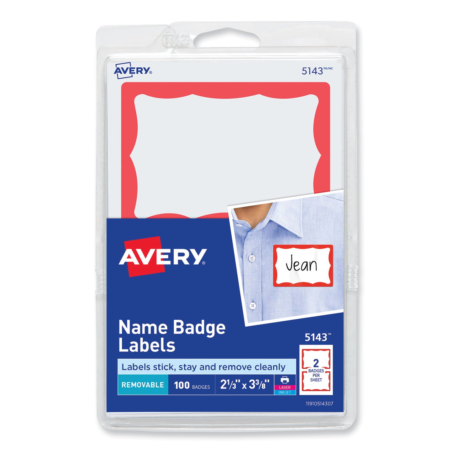 Printable Adhesive Name Badges, 3.38 X 2.33, Red Border, 100/pack