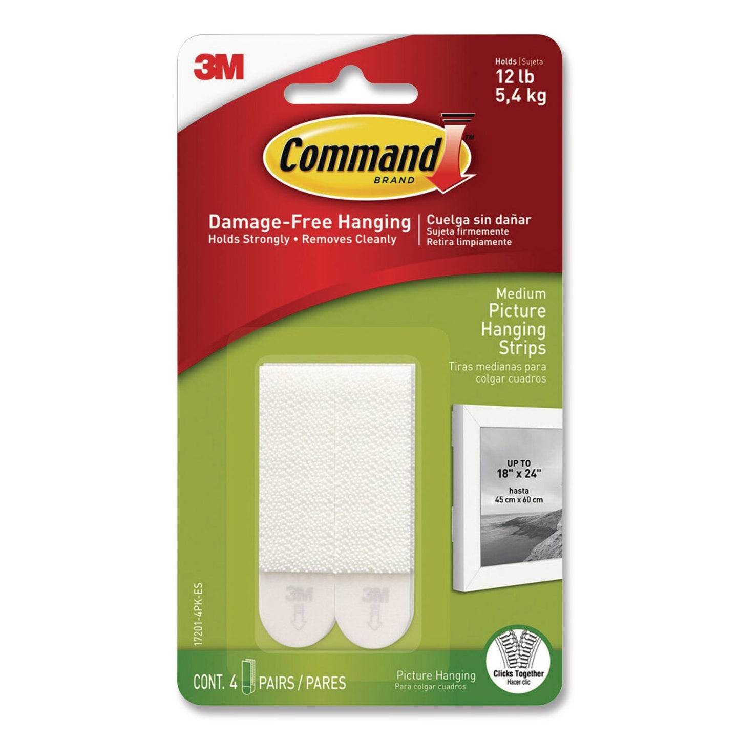 Damage-Free Hanging Picture Hanging Strip Pairs, Holds Up to 2.5 lb, Medium: 0.75" x 2.75", 4/Pack