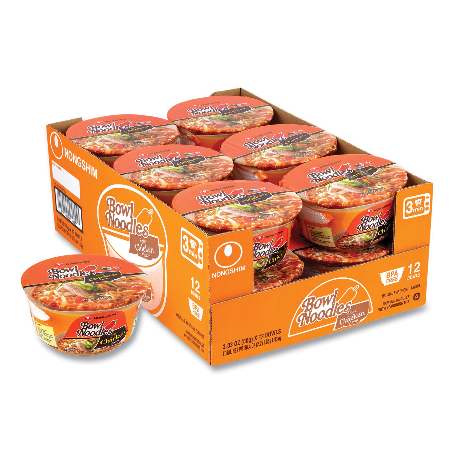 Spicy Chicken Bowl Noodle Soup, Chicken, 3.03 oz Bowl, 12/Carton
