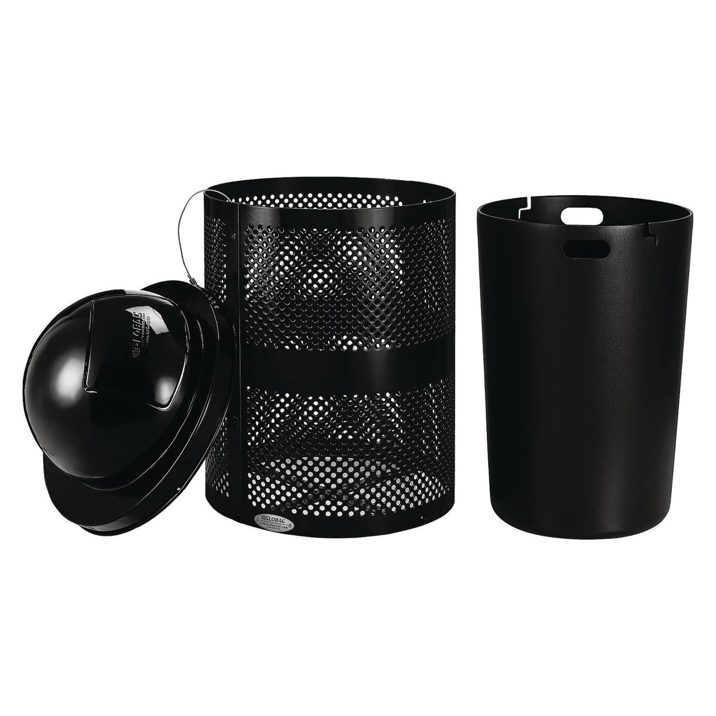 Outdoor Perforated Steel Trash Can with Dome Lid, 36 gal, Steel, Black
