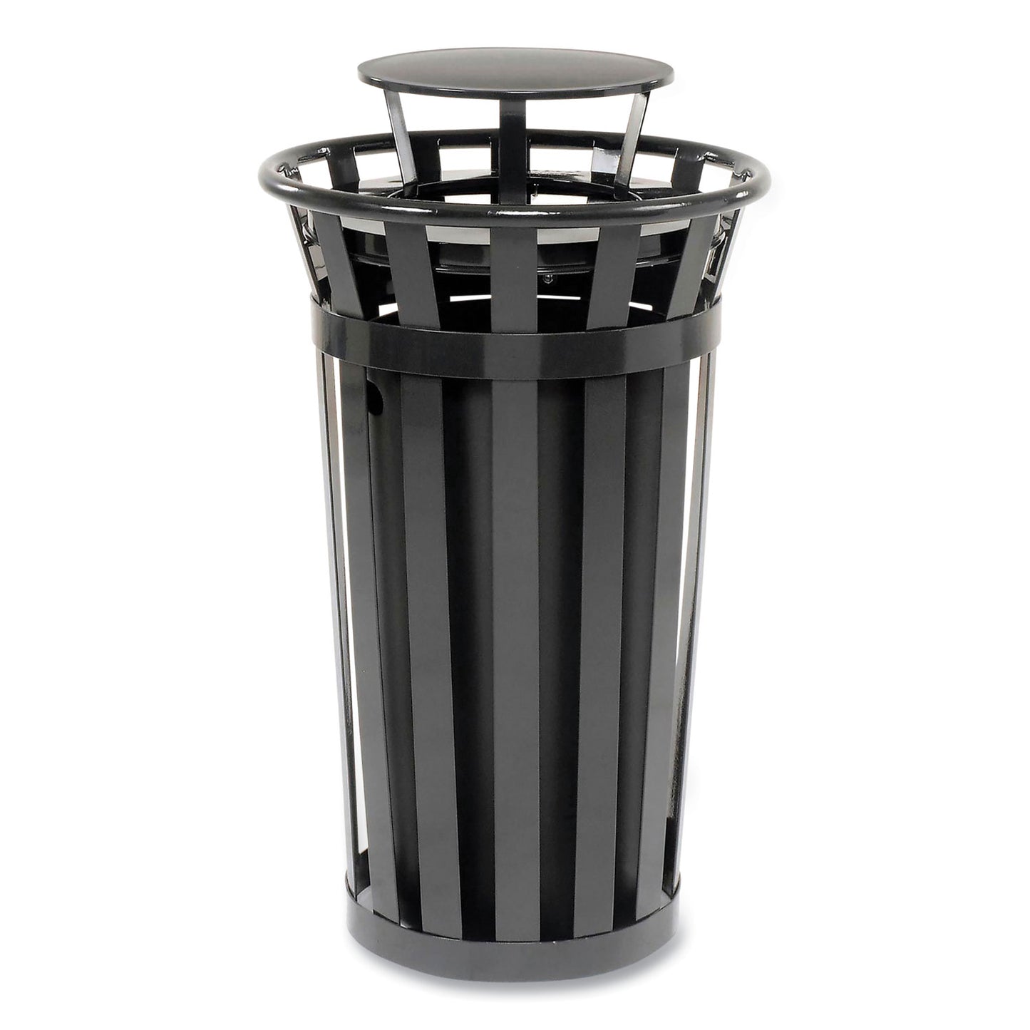 Outdoor Slatted Steel Trash Can, Rain Bonnet Lid, 24 gal, Black