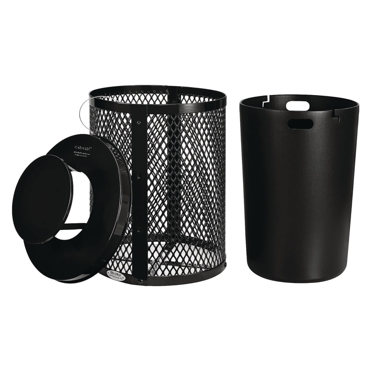 Outdoor Diamond Steel Trash Can, Rain Bonnet Lid, 36 gal, Black