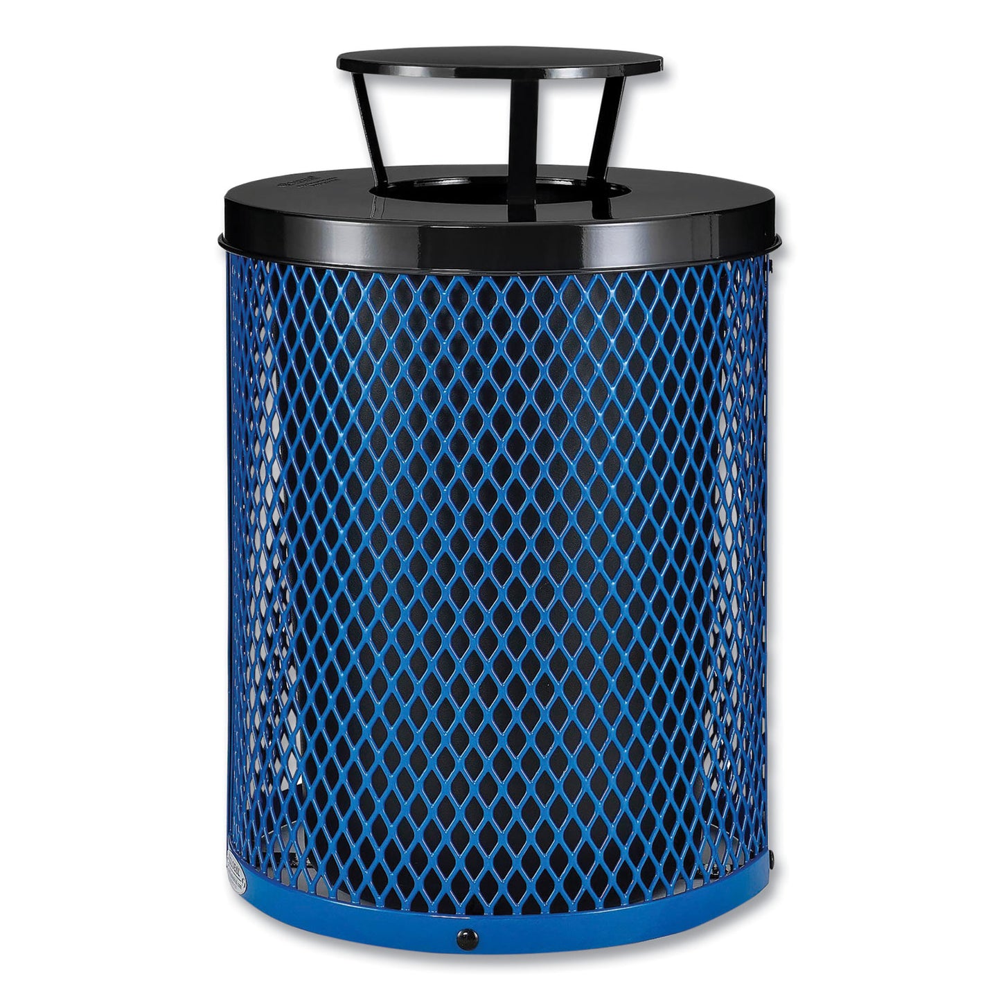 Outdoor Diamond Steel Trash Can, Rain Bonnet Lid, 36 gal, Blue