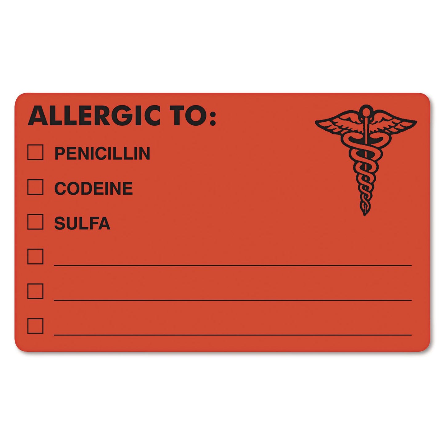 Allergy Warning Labels, Allergic To: Penicilln, Codeine, Sulfa, 2.5 X 4, Fluorescent Red, 100/roll