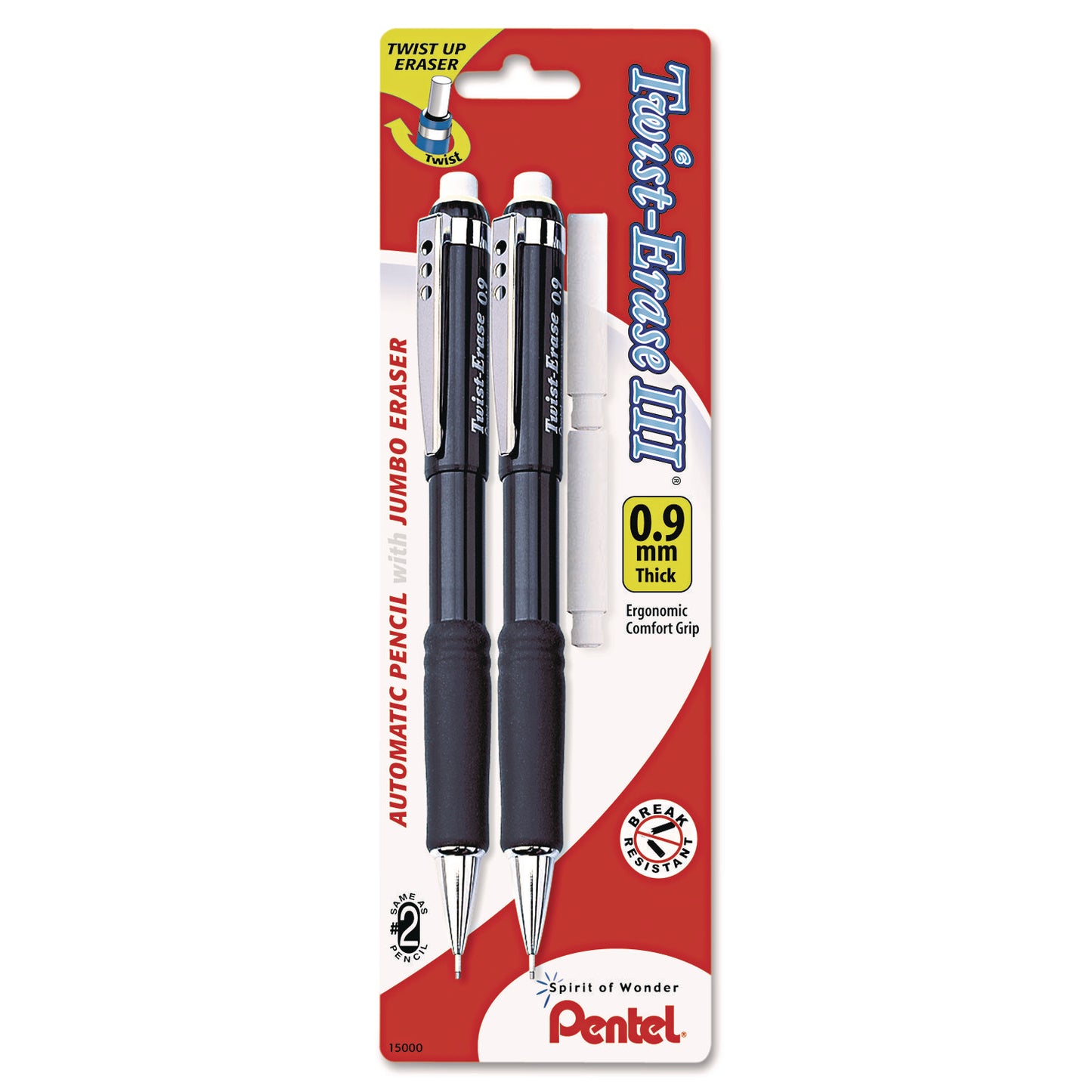 Twist-Erase III Mechanical Pencil, 0.9 mm, HB (#2), Black Lead, Assorted Barrel Colors, 2/Pack