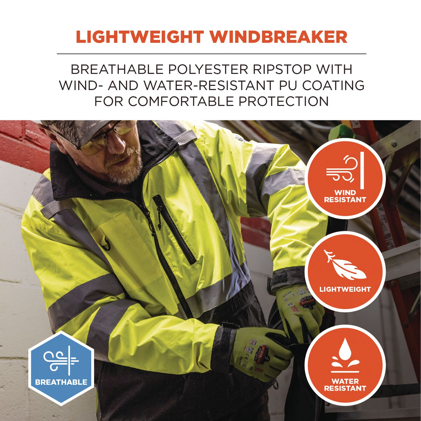 GloWear 8351 Class 3 Hi-Vis Windbreaker Water-Resistant Jacket, 3X-Large, Orange
