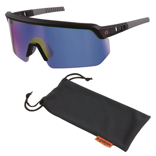 Skullerz AEGIR Anti-Scratch Enhanced Anti-Fog Safety Glasses, Matte Black Half Frame, Mirrored Blue Single Lens