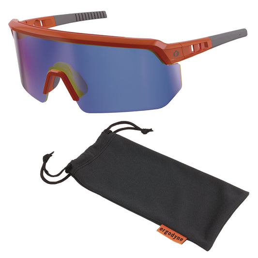Skullerz AEGIR Safety Glasses, Orange Half Frame, Mirrored Blue Single Lens