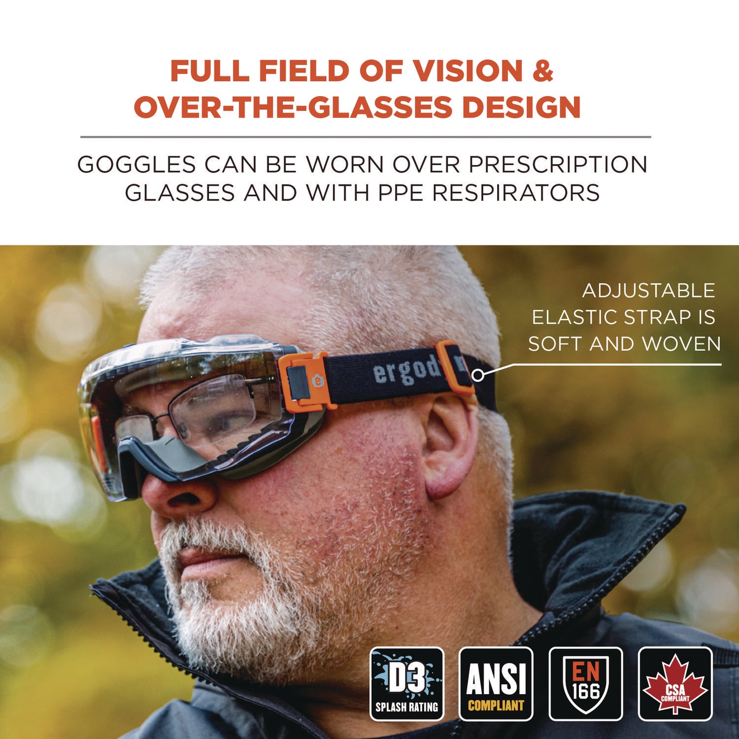Skullerz MODI OTG Anti-Scratch and Enhanced Anti-Fog Safety Goggles with Elastic Strap, Clear Lens, Gray/Clear Frame