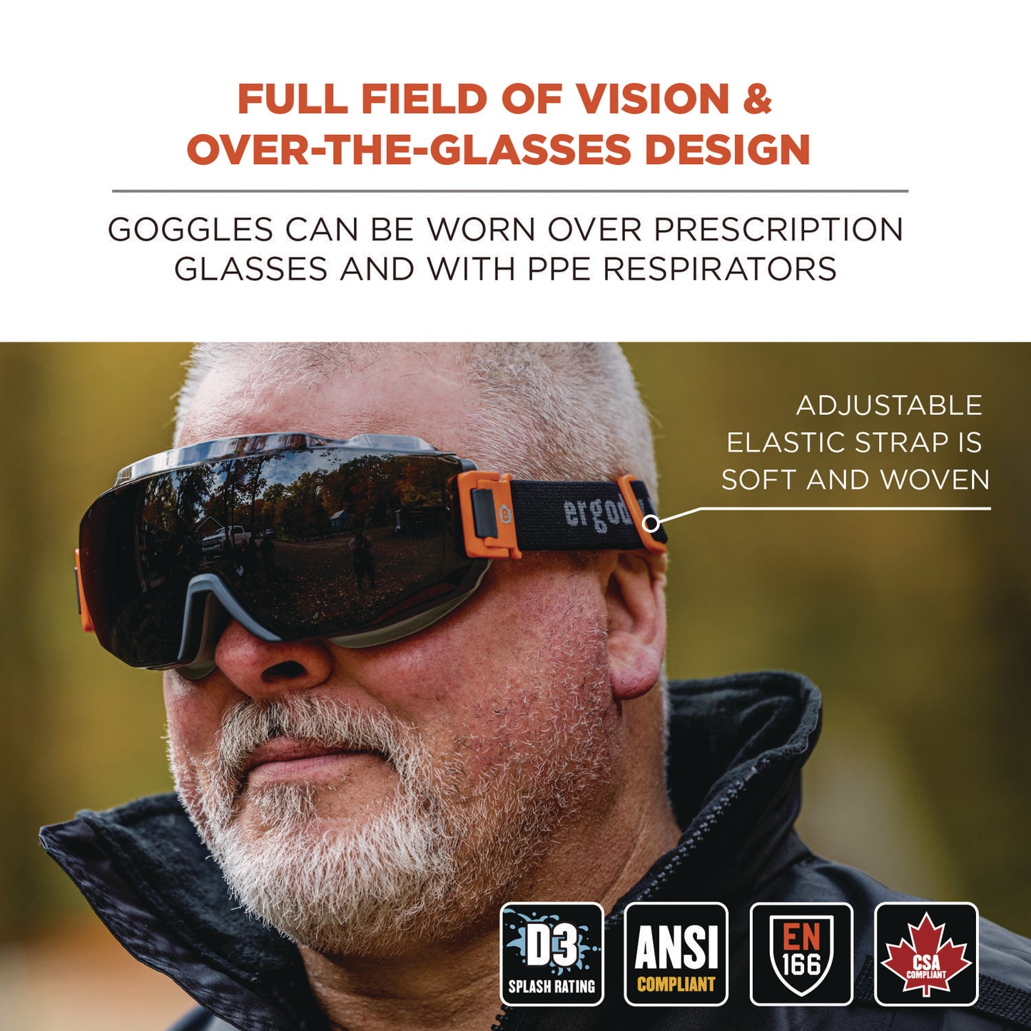 Skullerz MODI OTG Anti-Scratch and Enhanced Anti-Fog Safety Goggles with Elastic Strap, Smoke Lens, Gray/Clear Frame