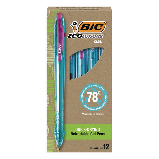 Ecolutions Gel Pen, Retractable, Medium 1 mm, Assorted Ink Colors, Blue Barrel, 12/Pack