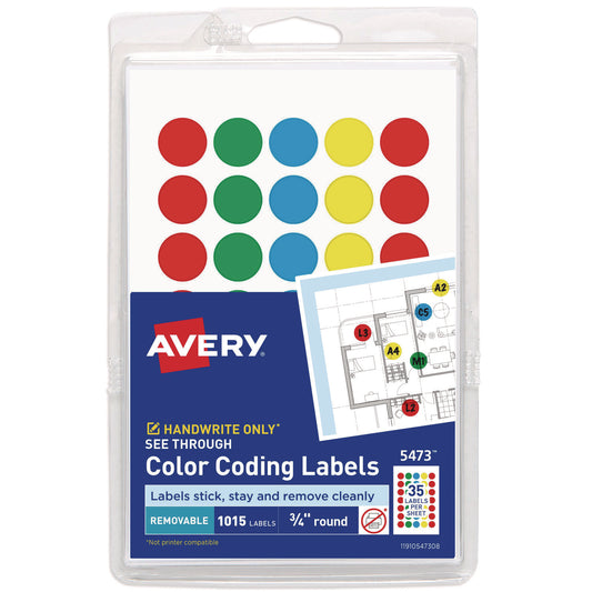 Handwrite-Only Self-Adhesive "See Through" Removable Round Color Dots, 0.75" dia, Assorted, 35/Sheet, 29 Sheets/Pack, (5473)