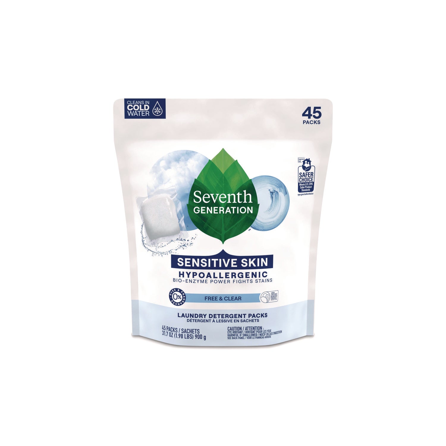Natural Laundry Detergent Packs, Powder, Unscented, 45 Packets/pack