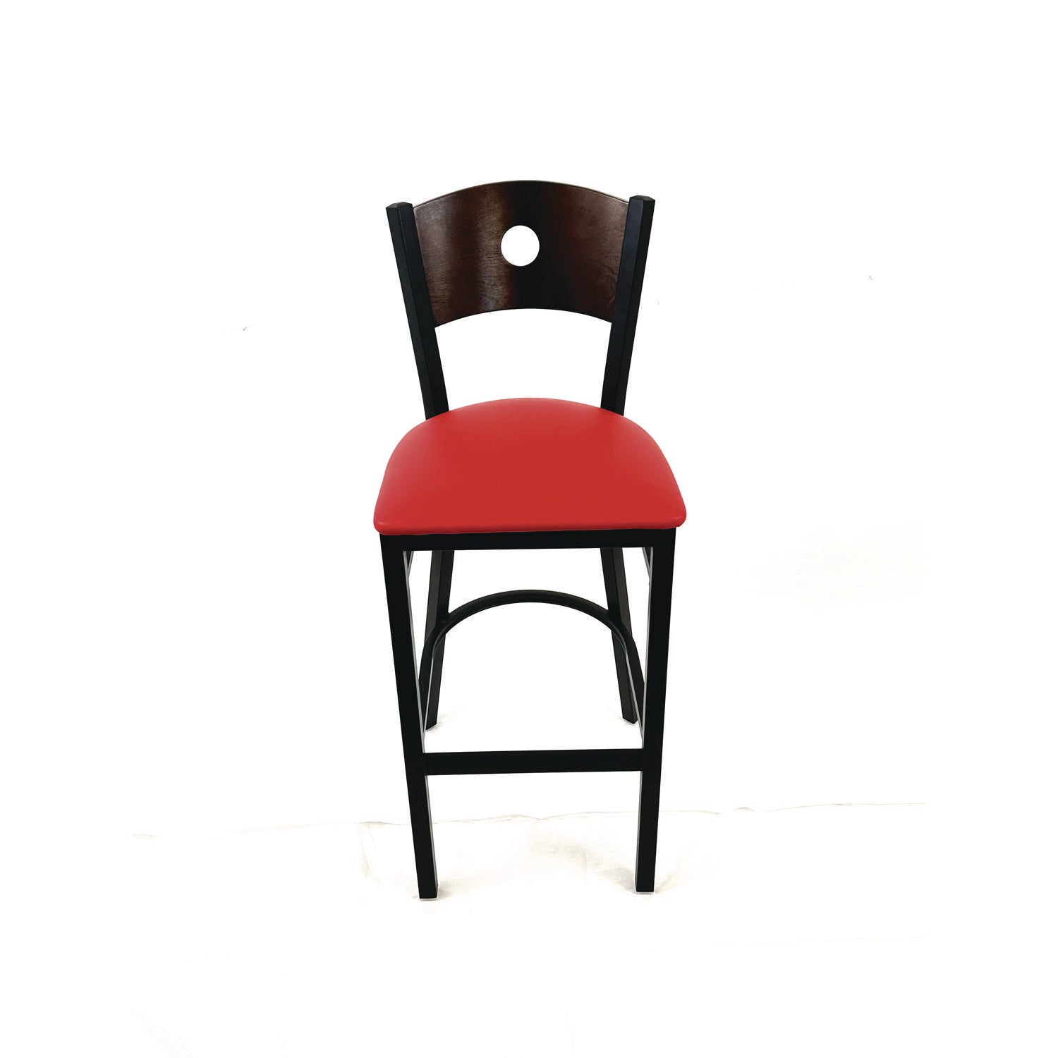 Circle Series Barstool, Supports Up to 300 lb, 28.5" Seat Height, Red Seat, Dark Walnut Back, Black Base