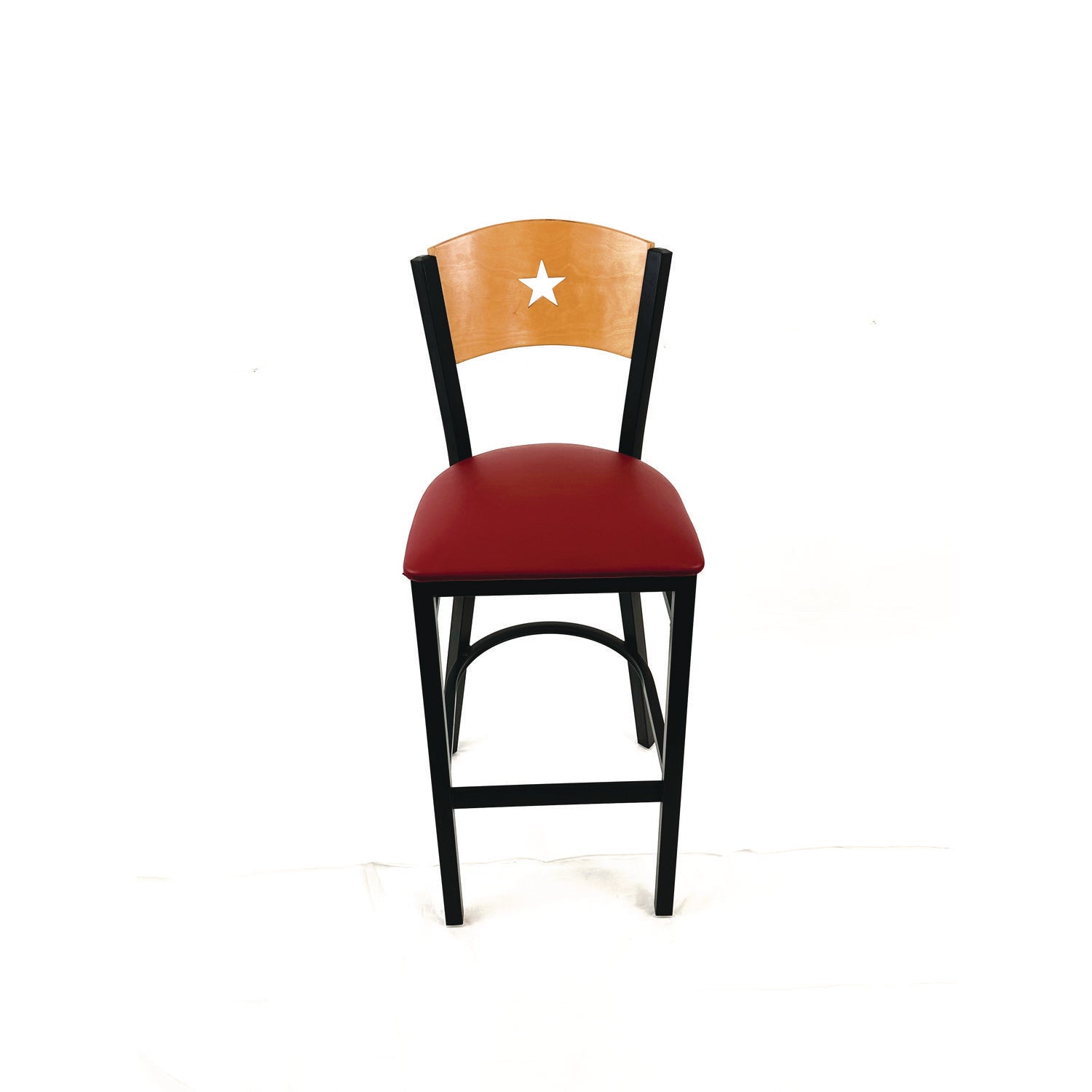 Liberty Series Barstool, Supports Up to 300 lb, 28.5" Seat Height, Burgundy Seat, Natural Back, Black Base