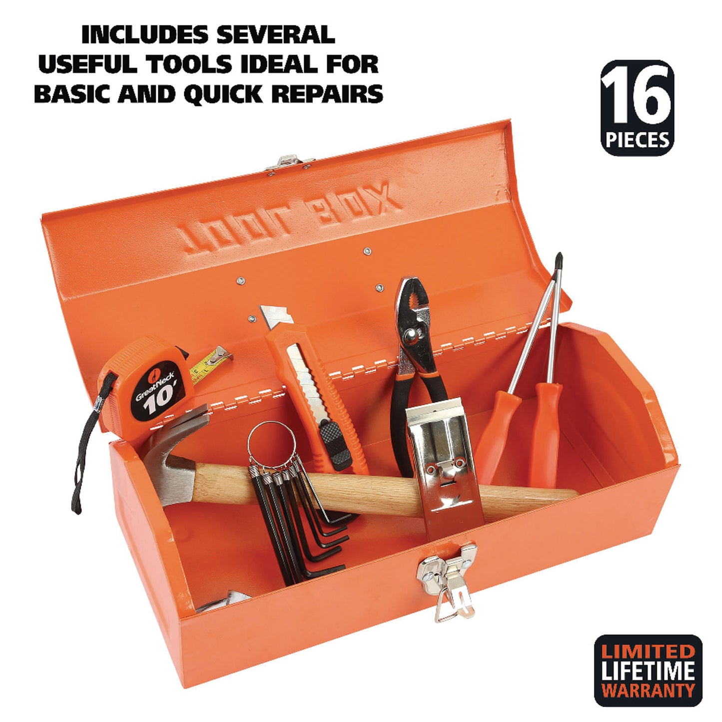 16-Piece Light-Duty Office Tool Kit, Metal Box, Red