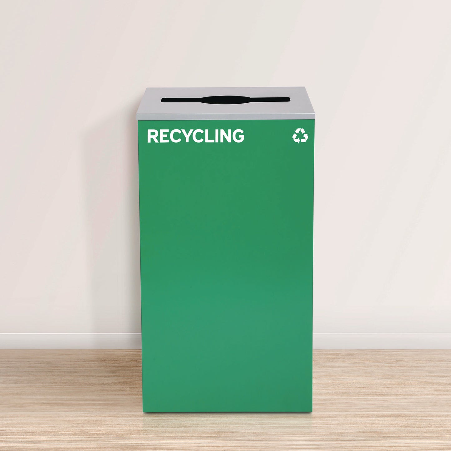 29 Gallon Trash/Recycling Cans, Steel, Blue Recycling Can and Black Trash Can w/Sq Lid, Green Recycling Can with Mixed Lid