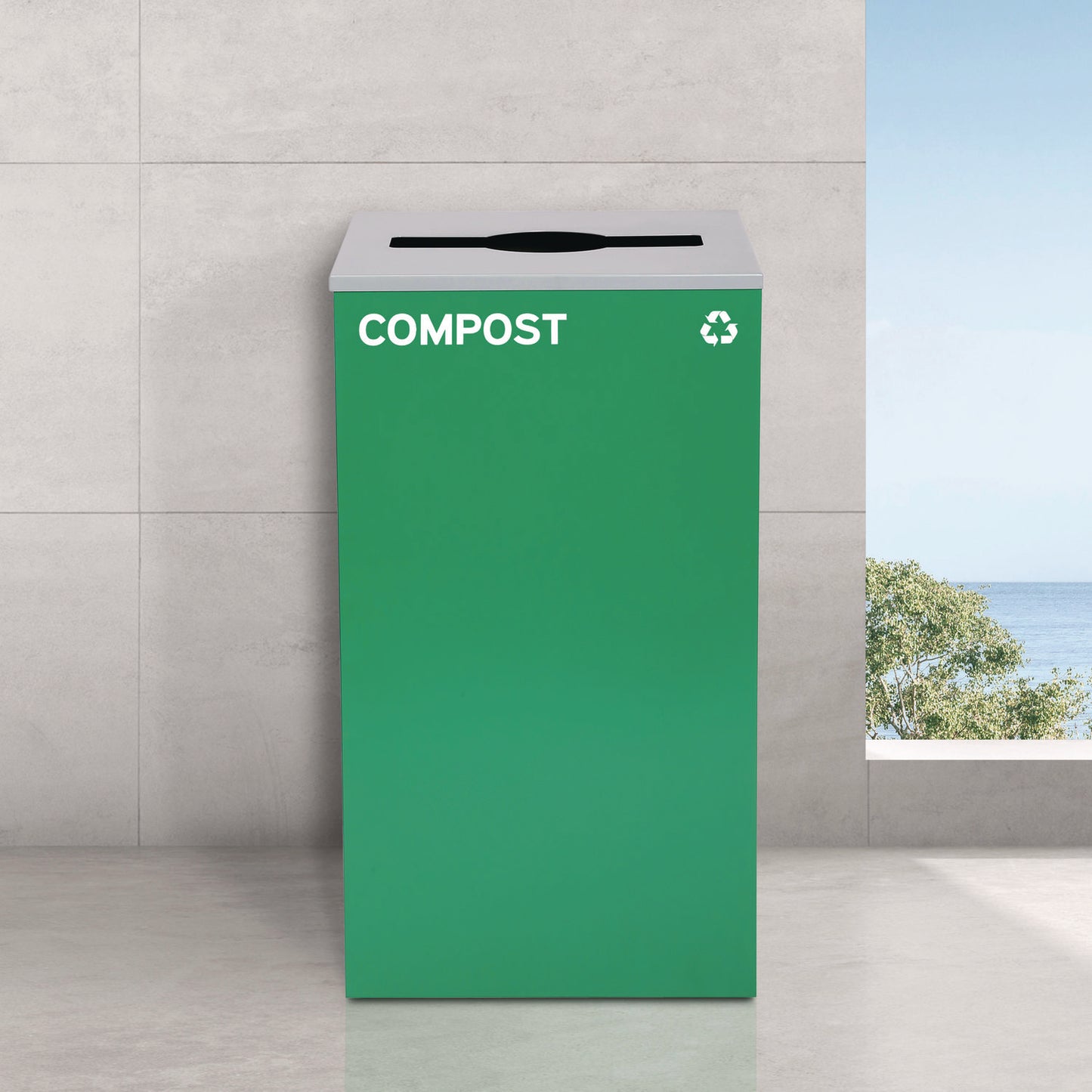 29 Gallon Trash/Recycling Cans, Steel, Blue Mixed Recycling and Green Compost Cans w/Mixed Lids, Black Trash Can w/Square Lid