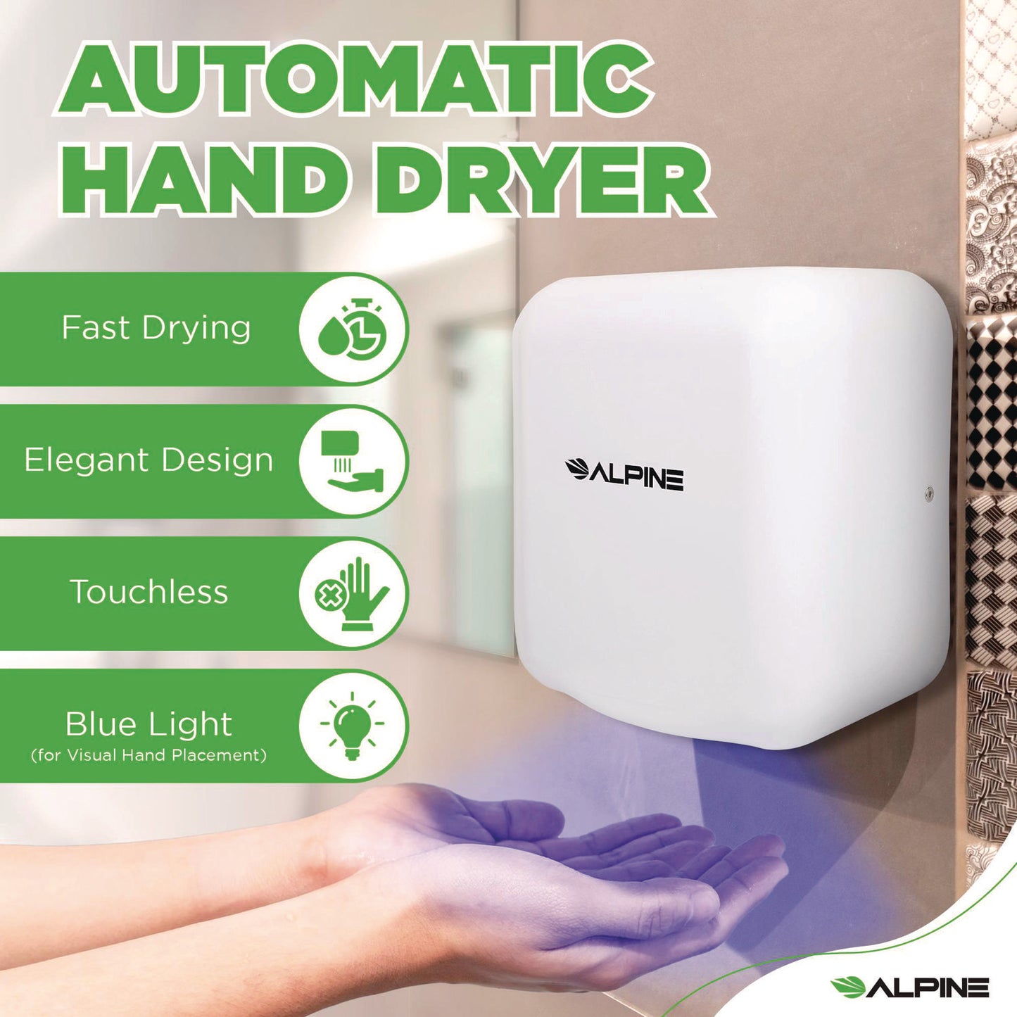Hemlock Commercial Automatic 120V Hand Dryer, 6.68 x 11.41 x 12.31, White
