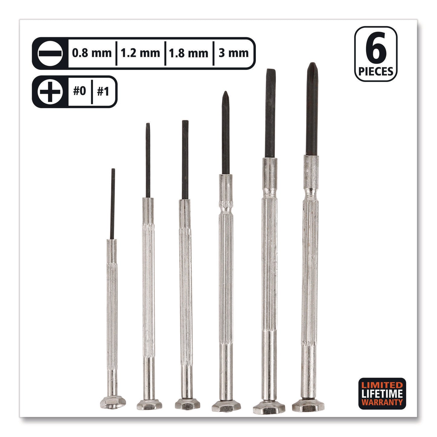 Precision Screwdriver Set, Six-Piece, Phillips/Slotted, Assorted Lengths, Polished Steel Handles