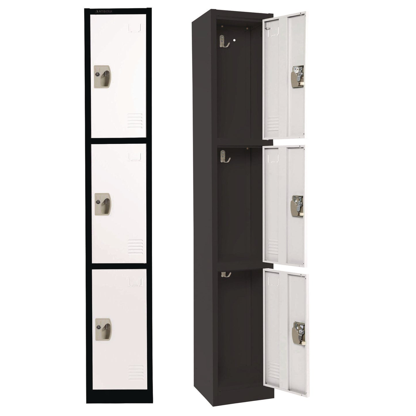 Steel Storage Locker, 3 Compartment, 12 x 12 x 72, Black Body/White Doors