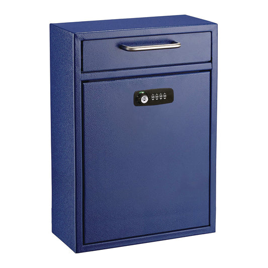 Large Secure Drop Box Wall Mounted Locking Mail Box with Key and Combination lock, 11.2 x 4.7 x 16.2, Blue