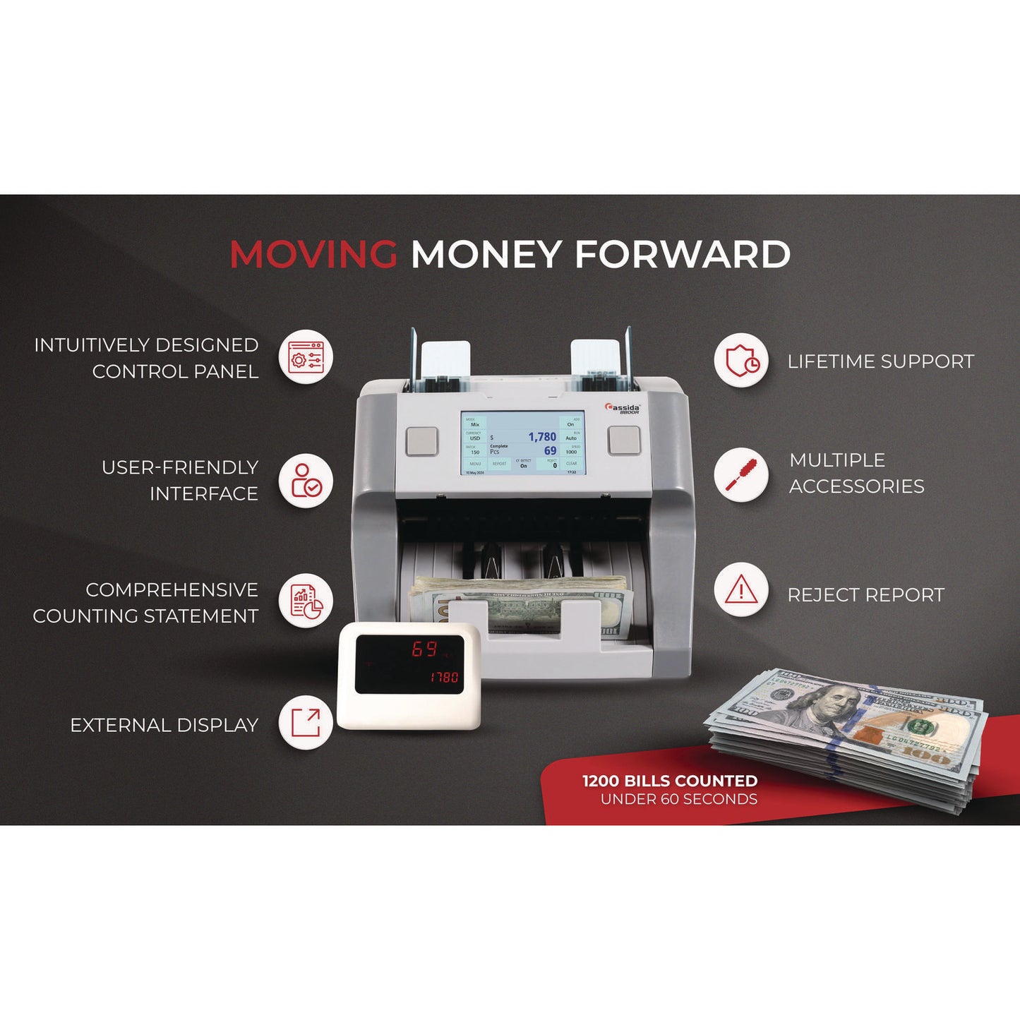 8800R Single Pocket Discriminator, 1,200 bills/min, 9.5" x 11" x 10.4", Gray
