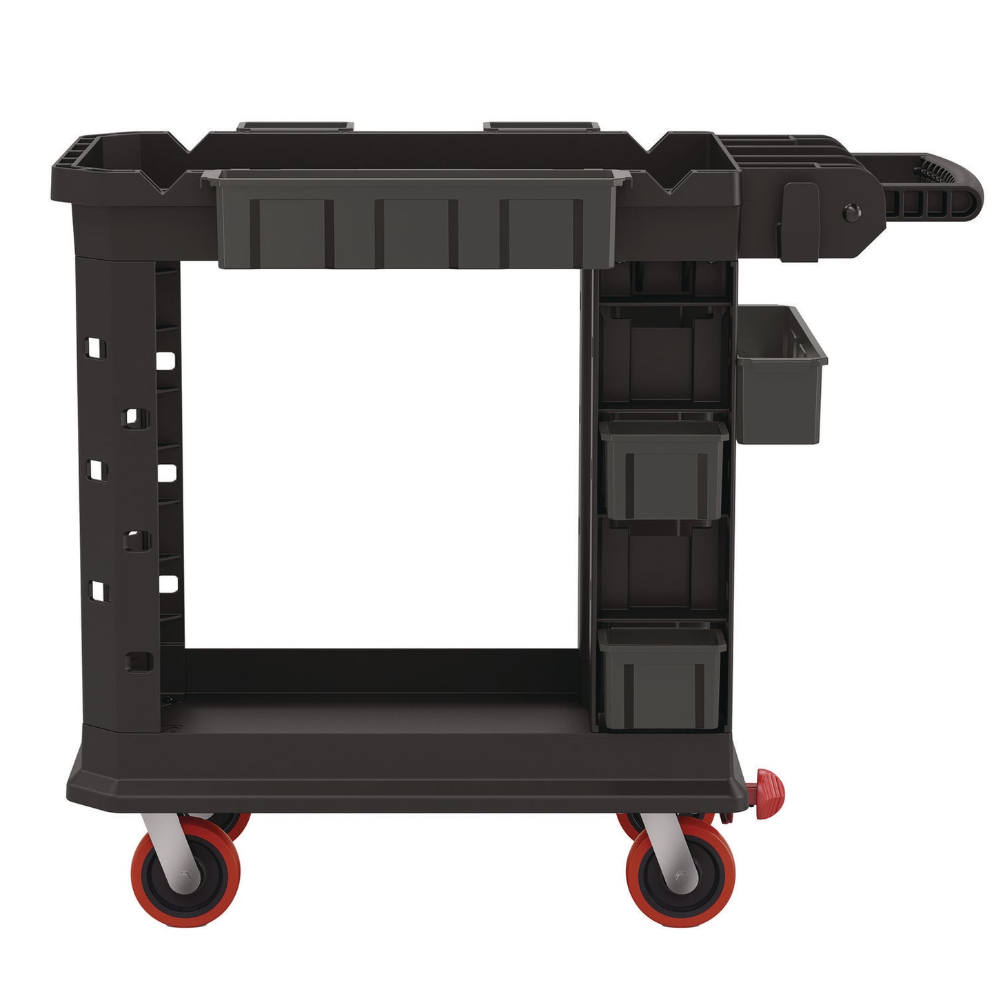 Heavy Duty Plus Utility Cart, Plastic, 2 Shelves, 6 Bins, 500 lb Capacity, 19.5" x 41.78" x 34.81", Black