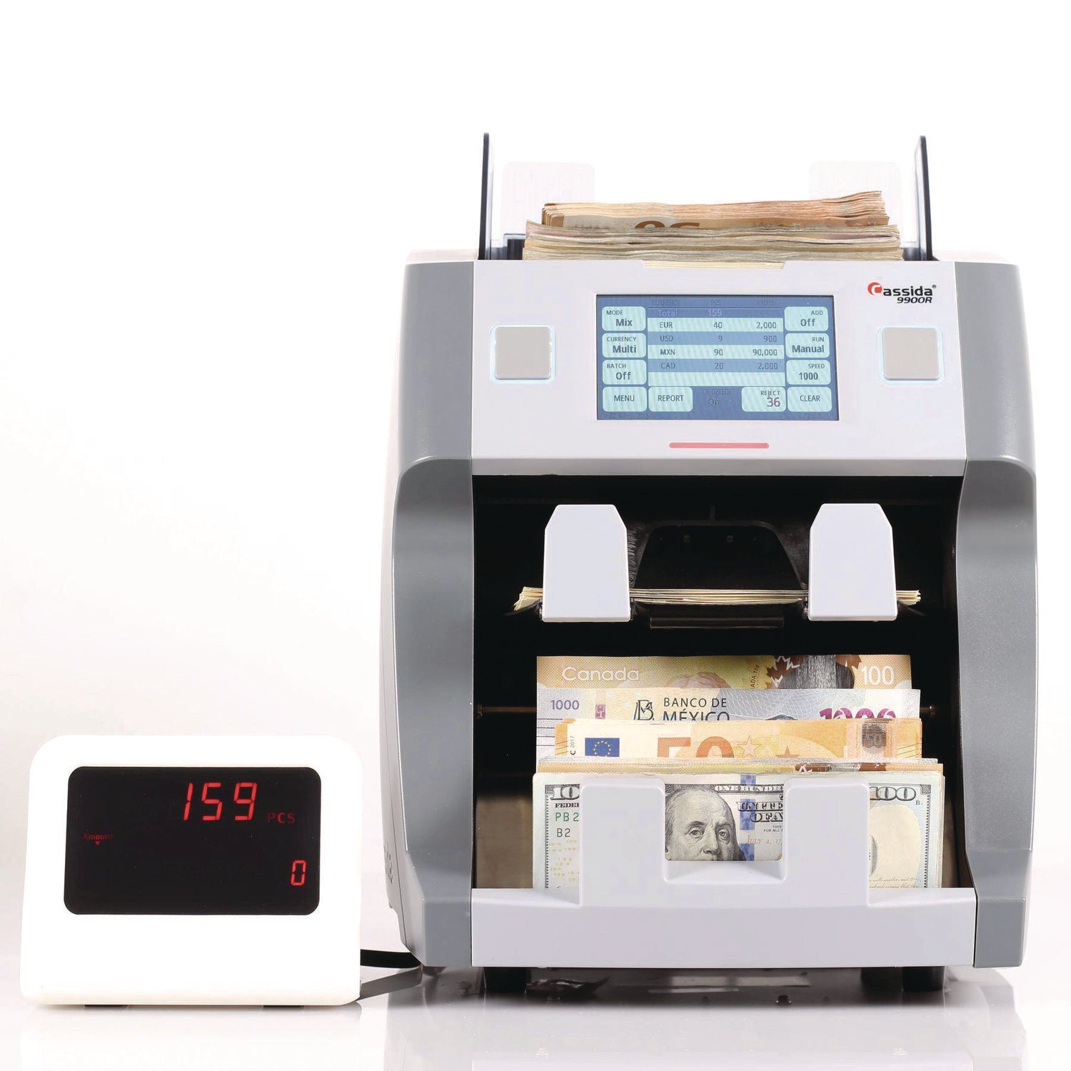 9900R Two-Pocket Mixed Bill Counter, Three Speeds: 800 bills/min, 1,000 bills/min, 1,200 bills/min, 9.5 x 11 x 10.4, Gray