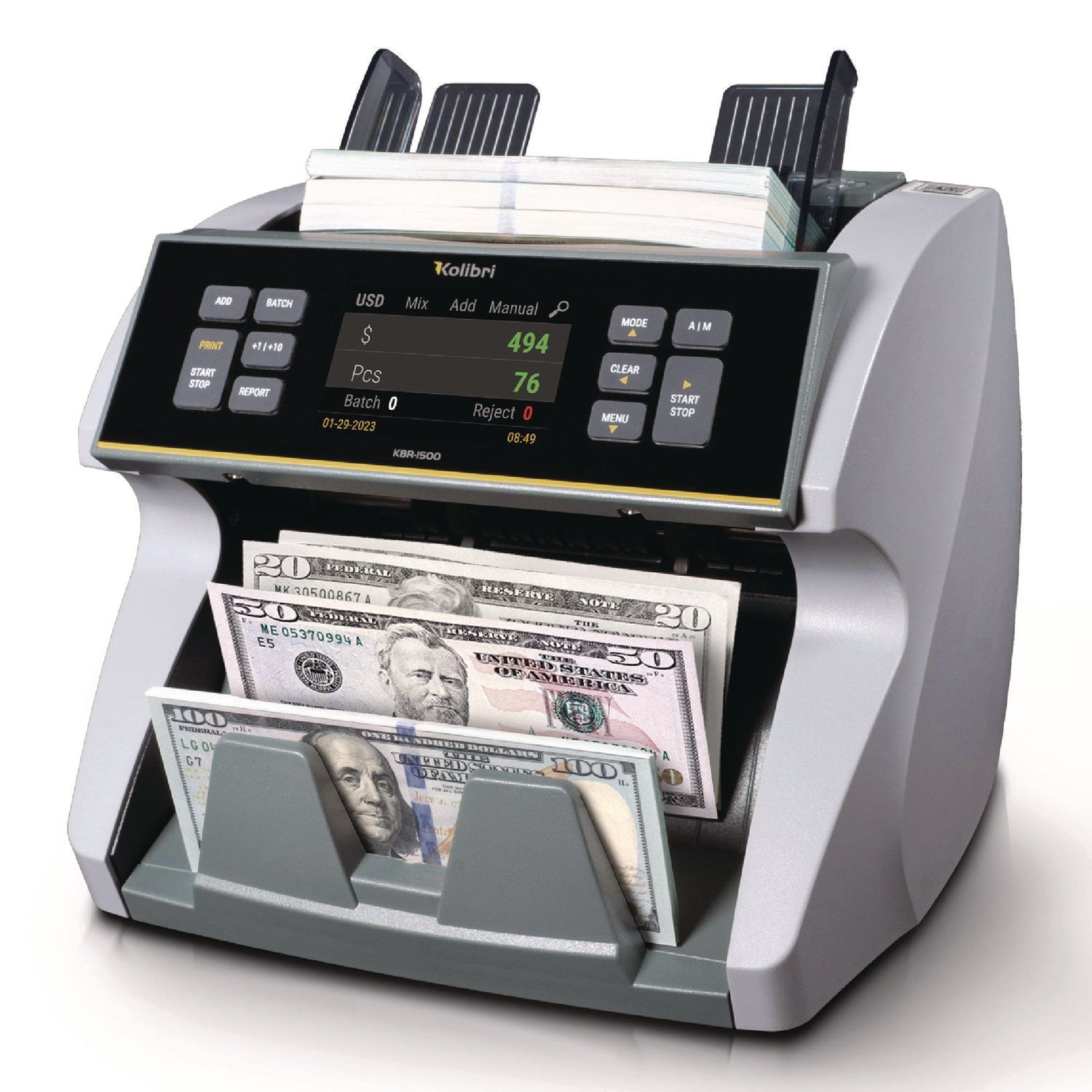 KBR1500V2 Mixed Denomination Cash Counter, 1,200 bills/min, 9.5" x 11" x 10.4", Gray