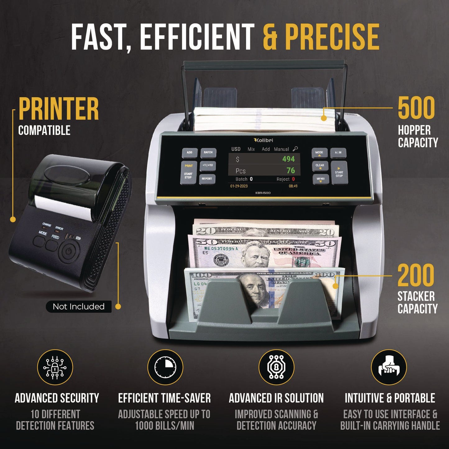 KBR1500V2 Mixed Denomination Cash Counter, 1,200 bills/min, 9.5" x 11" x 10.4", Gray