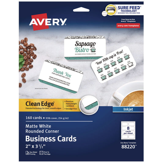 Print-to-the-Edge Business Cards with Rounded Corners, Inkjet, 2 x 3.5, White, 8 Cards/Sheet, 20 Sheets/Pack