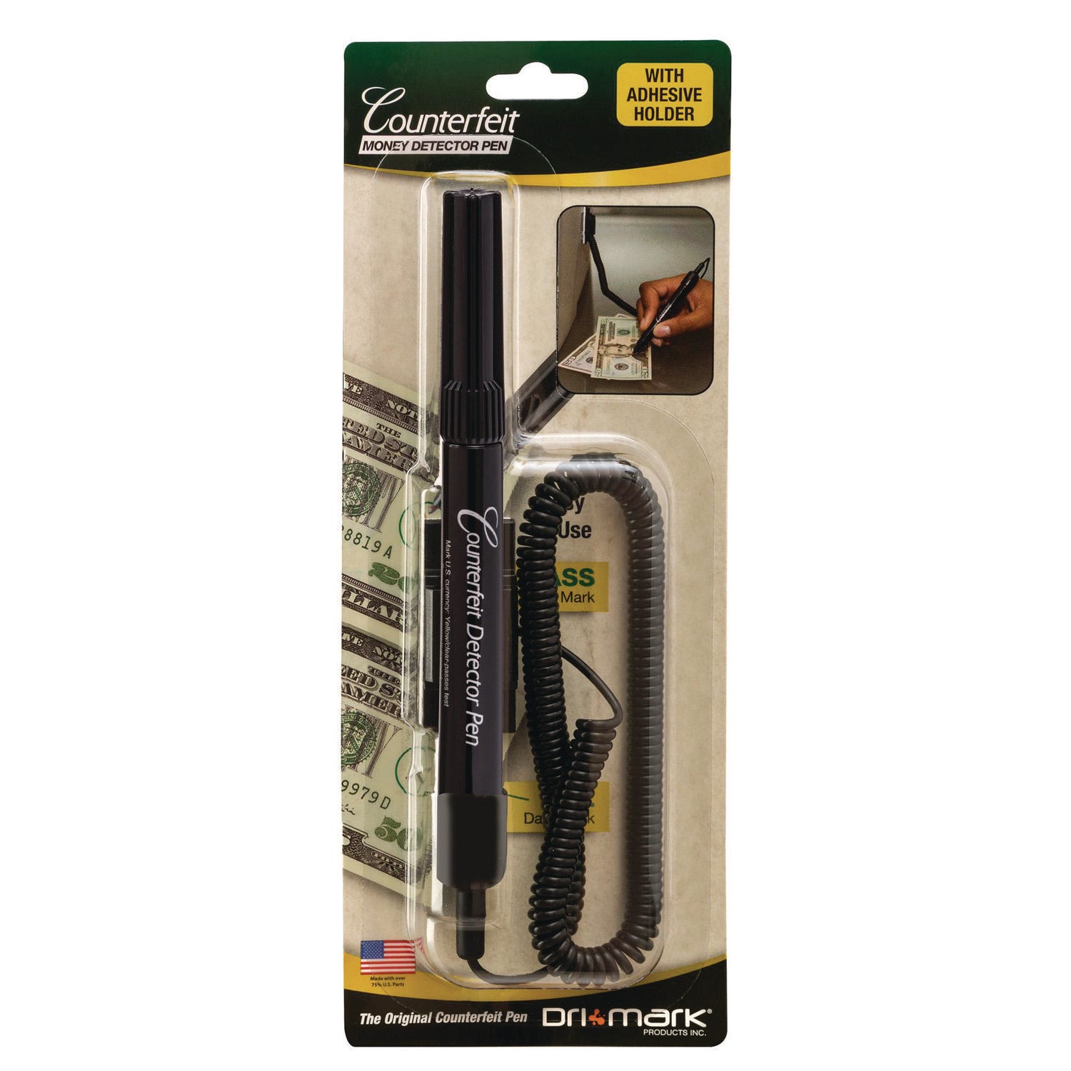 Smart Money Counter Pen for USD,  Includes Coiled Cable and Self-Adhesive Counter Mount, Black