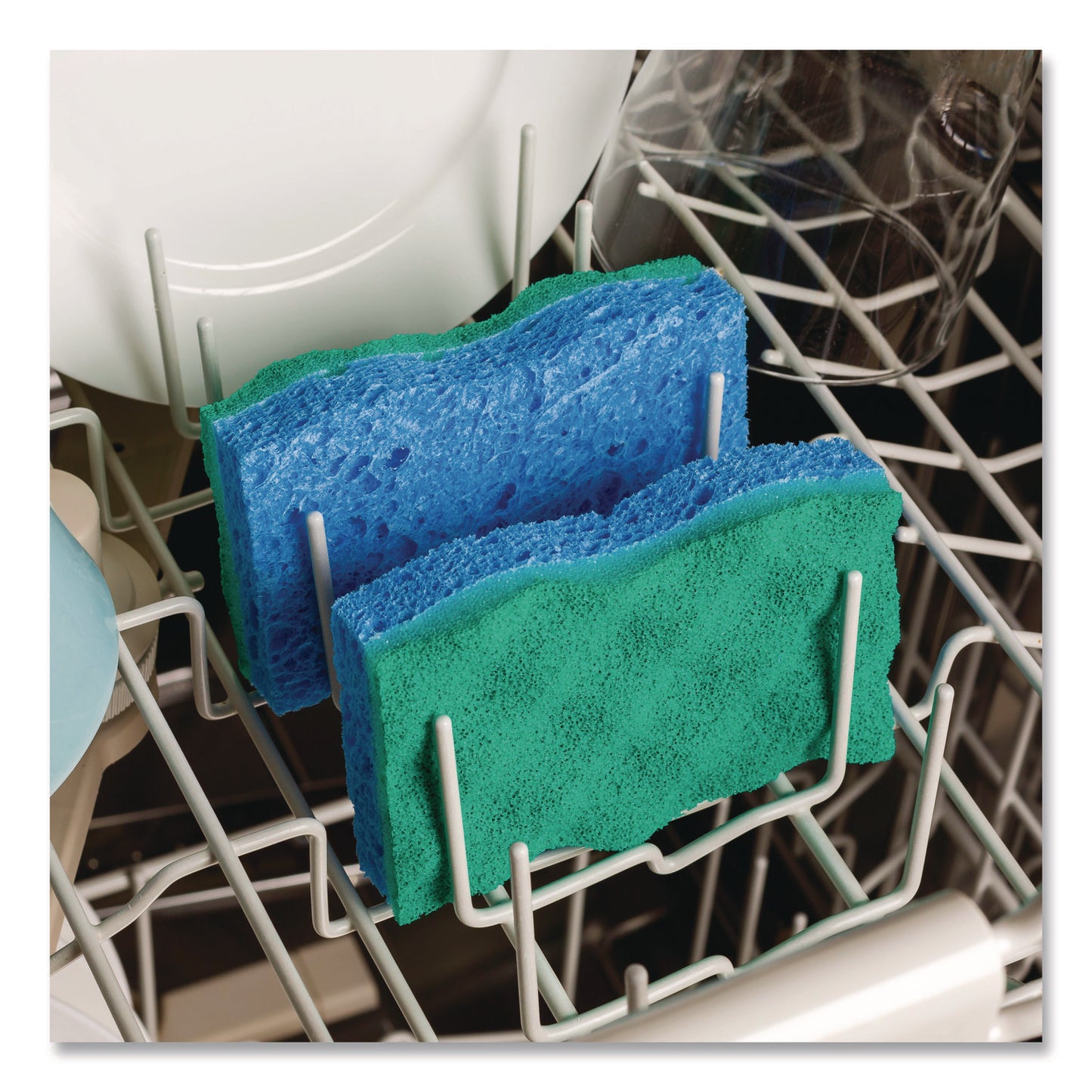 Scrunge Non-Scratch Scrub Sponge, 2.63 x 4.25, 1" Thick, Green/Blue, 2/Pack