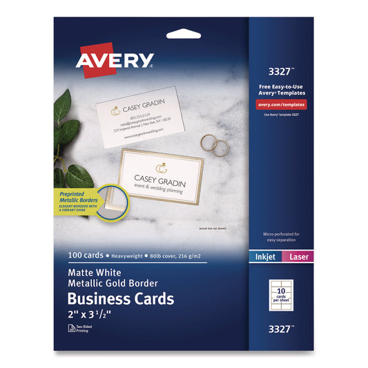 Business Cards with Metallic Gold Borders, Inkjet/Laser, 2 x 3.5, White, 10 Cards/Sheet, 10 Sheets/Pack