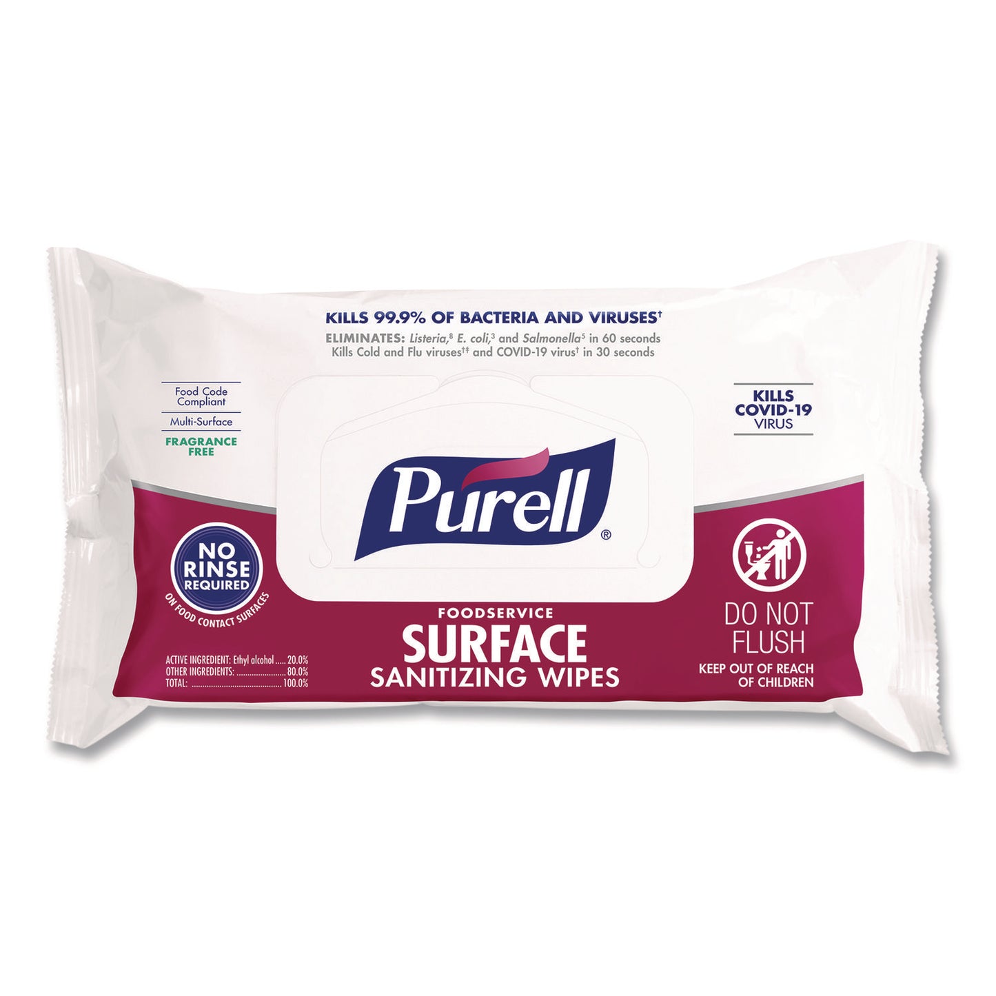 Foodservice Surface Sanitizing Wipes, 1-Ply, 7.4 x 9, Fragrance Free, White, 72 Wipes/Resealable Pack