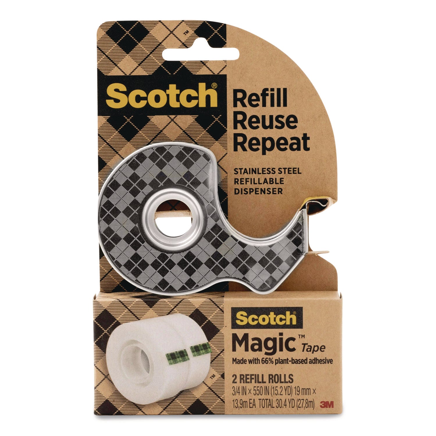 Stainless Steel Refillable Tape Dispenser with 2 Rolls 0.75" x 550" Tape