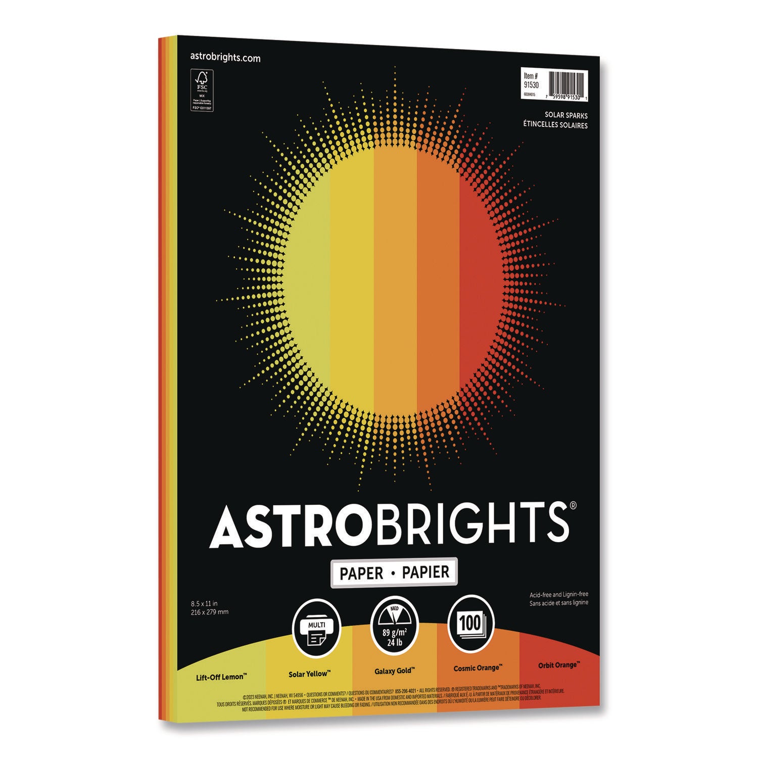 Color Paper - "Solar Sparks" Assortment, 24 lb Bond Weight, 8.5 x 11, Assorted Yellow and Orange Colors, 100/Pack