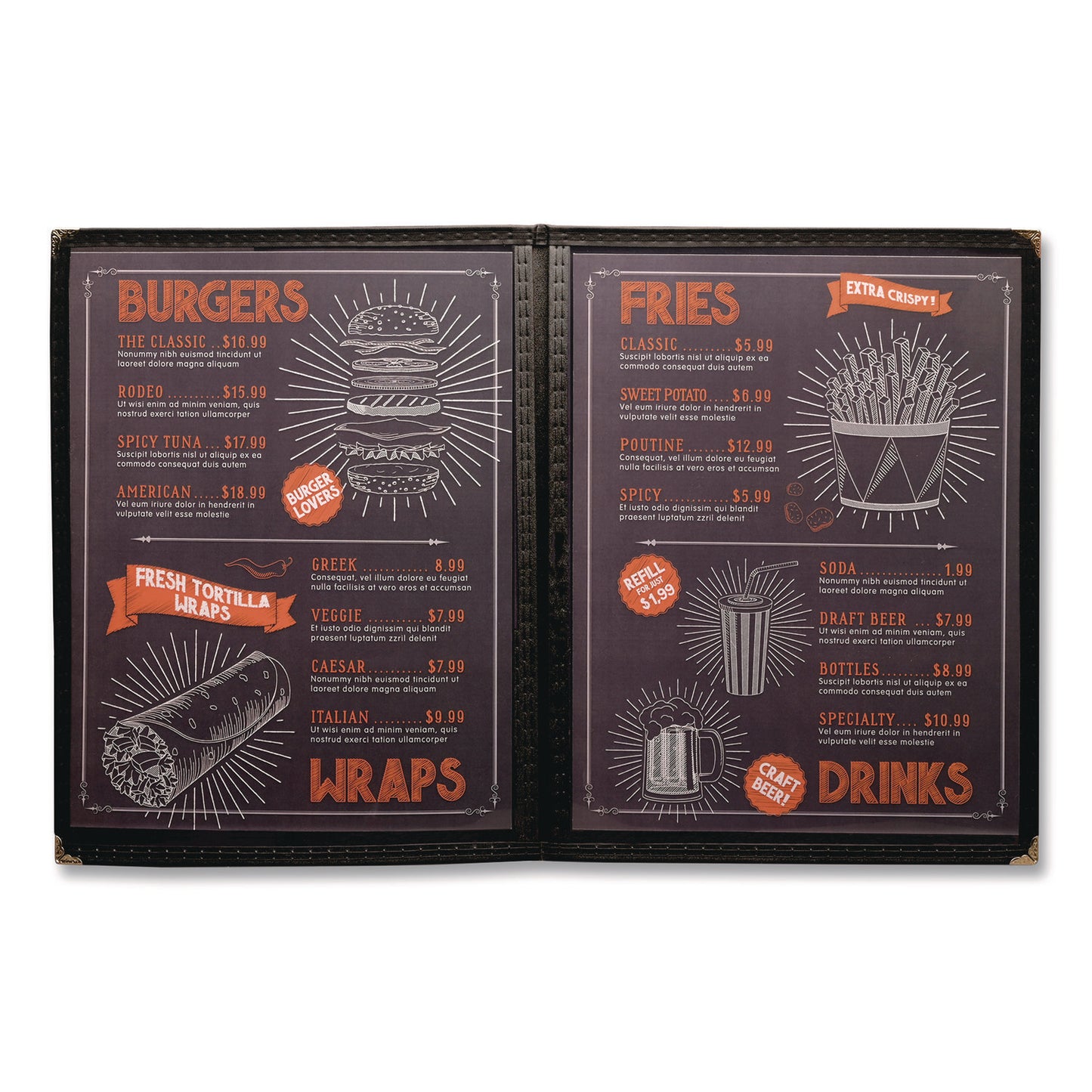 Menu Holder For 8.5 x 11 Menus, Portrait Orientation, 4-View, 9.6 x 12 Holder, Clear/Black/Silver, 10/Pack