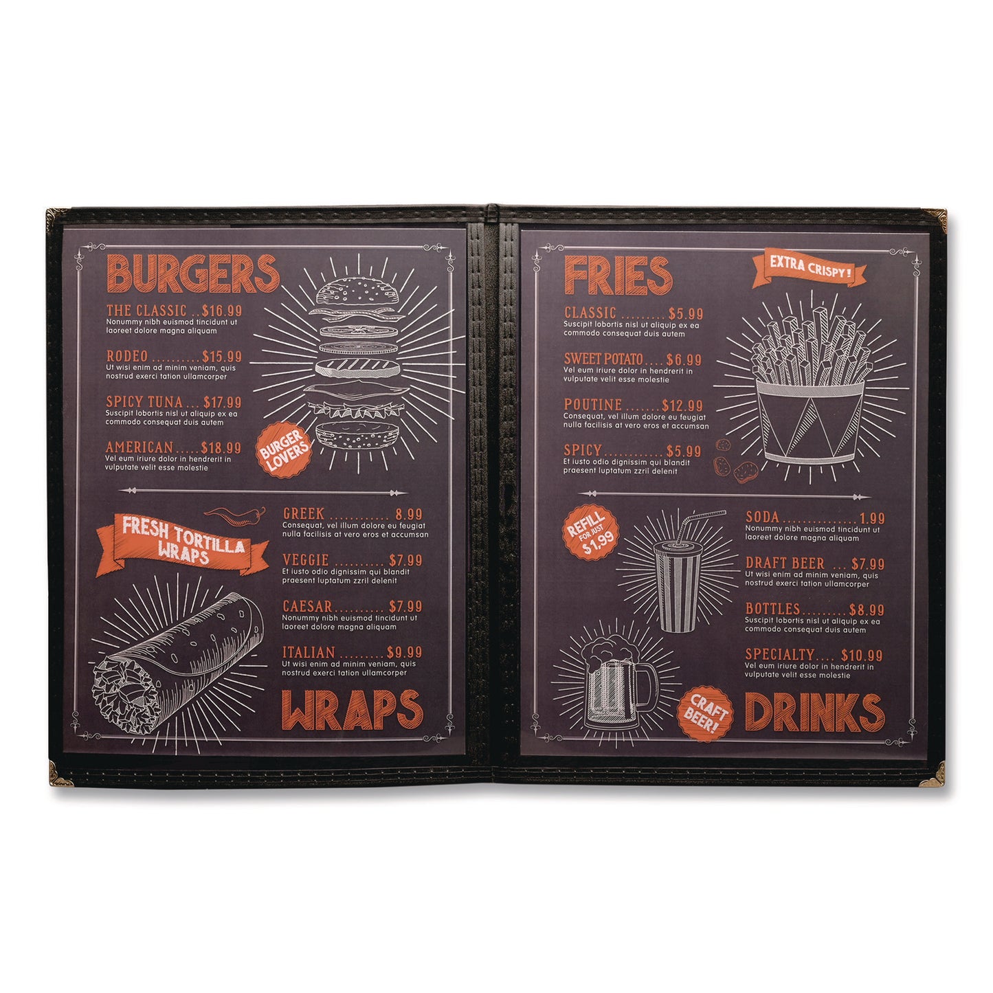 Menu Holder For 8.5 x 11 Menus, Portrait Orientation 4-View, 9.6 x 11.9, Clear/Black/Silver